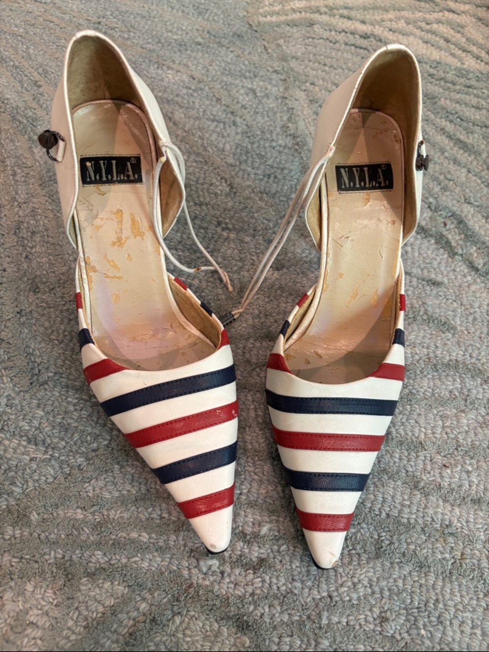 N.Y.L.A. Striped Pointed-Toe Ankle-Strap Pumps - White/Red/Navy - Picture 3 of 8